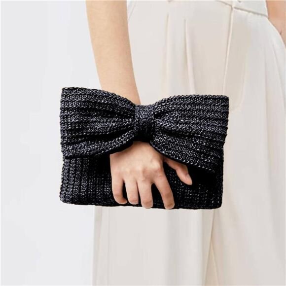 Straw Envelope Clutch with Bowknot – Summer Woven Purse with Zipper Closure - Picture 1 of 7